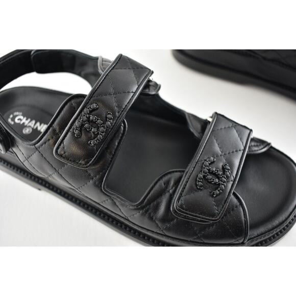 Chanel Black Leather Quilted Chain CC Logo Mule Slide Strap Flat Dad Sandal 40 - Picture 4 of 12